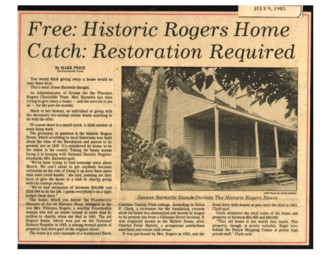 Thumbnail image of July 9, 1986 Fayetteville Observer article about the Mallett Rogers House