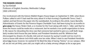 Thumbnail image of first page of information about the Mallett-Rogers House written by Dr. Sue Kimball, Professor Emeritus of English Methodist University